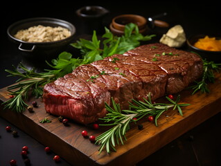 A delicious juicy steak on a wooden cutting board