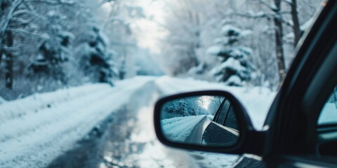 Wall Mural - A side view mirror of a car on a snowy road. Suitable for automotive and winter driving concepts