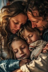 Wall Mural - A heartwarming image of a man and two children cuddling together on a bed. Perfect for family-themed projects and advertisements