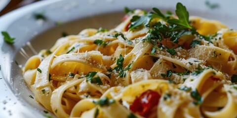 Canvas Print - Delicious plate of pasta topped with Parmesan cheese and fresh tomatoes. Great for Italian cuisine or food-related projects