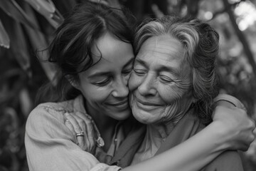 Wall Mural - A heartfelt black and white photo capturing the emotional moment of two women hugging each other. Perfect for illustrating friendship, support, and unity.