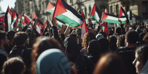 Canvas Print - A diverse and enthusiastic crowd of individuals proudly holding up various flags. Perfect for patriotic events or international celebrations