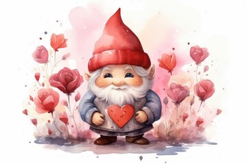 Poster - Cute watercolor gnome. Background with selective focus and copy space