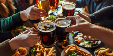 Wall Mural - Group of friends celebrating with beer, table with food in the background