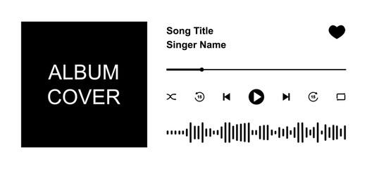 Wall Mural - Design of music player app interface with song photo frame, buttons, loading bar and sound wave elements. Horizontal arrangement. Vector graphic illustration isolated on white background