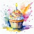Vanilla cupcake with sprinkles and candle, in a colorful watercolor style. Generative AI
