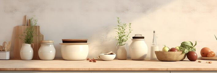 Wall Mural - kitchen banner with kitchen utensils, minimalism, Nordic style wood, rays of light, natural light from the window