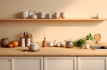 Wall Mural - kitchen banner with kitchen utensils, minimalism, Nordic style wood, rays of light, natural light from the window