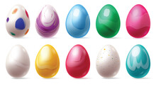 Easter Eggs Colorful Set Vector Design. Easter Egg Collection In Water Color Paint, Glossy Pattern And Prints 3d Realistic Decoration Elements. Vector Illustration Easter Eggs Collection.
