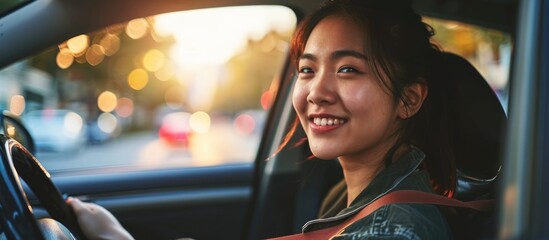 Happy, excited Asian woman driving new car joyfully on a sunny day, with a smile on her face.