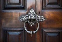 Close Up Of A Metal Door Knocker On A Wooden Front Door Of A House. : Generative AI