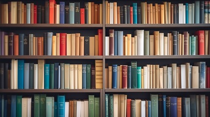 Fototapete - Many open old multicolored books stand on the bookshelf : Generative AI