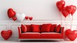 © Generative AI - Interior of living room with sofa, tables and red balloons for Valentine's Day : Generative AI