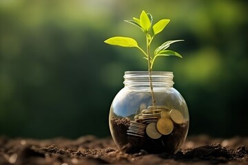 Fototapete - Plant growing in saving money coins in jug glass over nature background. concept finance and saving. Selective focus, close up. : Generative AI