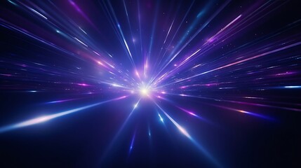 Poster - Blue and violet beams of bright laser light shining on black background : Generative AI