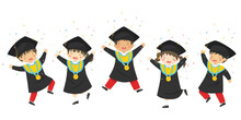 Indonesia Elementary Students Graduate From  School Character Vector. Happy Students In Graduation Hat And Gown Jumping Happily Celebrating.