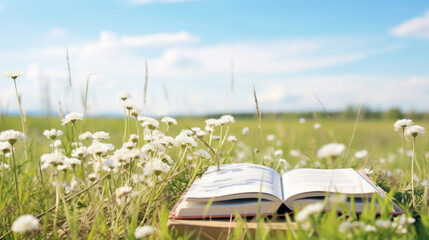 A serene summer scene with books and delicate white flowers in a lush field under a clear blue sky.