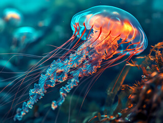 Beautiful colorful jellyfish floating in the sea..