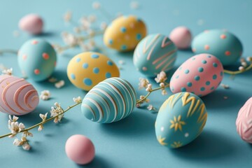 Wall Mural - easter eggs are placed in the shape of ears on a blue background