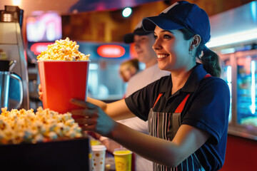 Smiling young woman working at a movie theater cafeteria holding a box of popcorn