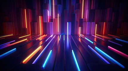 Wall Mural - 3d render, abstract minimal geometric background with colorful neon, lines glowing in the dark