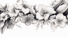 Seamless Black And White Vintage Floral Border On White Background