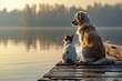 Dog and cat sitting with their backs on a bridge by a lake