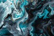 turquoise and black abstract colorful psychedelic organic liquid paint ink marble texture background. dark fluent surface wave motion mix random pattern. creativity flow painting coincidence concept.