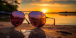 Mirrored aviators reflecting the golden and violet tones of a sunset by the ocean
