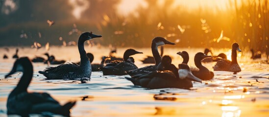 Poster - Birds peacefully swimming in the natural wildlife habitat of Romania's Danube Delta landscape.