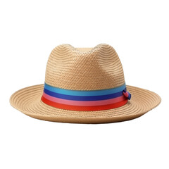 Straw sun hat isolated on white background with colorful ribbons. Fedora style beach hat for summer fashion, beachwear, vacation, travel, UV protection, beach day, sun protection. What to pack.