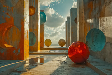 Canvas Print - Abstract architecture with spherical objects and circular openings, evoking a serene, modern aesthetic, illuminated by warm sunset light