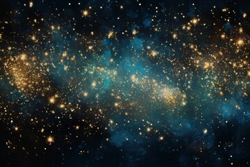 abstract blue and gold background with particles. golden dust light sparkle and star shape on dark endless space wallpaper. Christmas, new year's eve, cosmos theme. Shiny fantasy galaxy concept