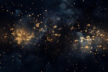 Abstract Blue And Gold Background With Particles. Golden Dust Light Sparkle And Star Shape On Dark Endless Space Wallpaper. Christmas, New Year's Eve, Cosmos Theme. Shiny Fantasy Galaxy Concept