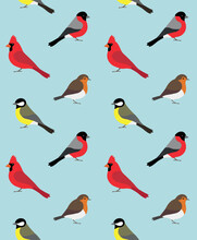 Vector Seamless Pattern Of Flat Small Birds Isolated On Blue Background