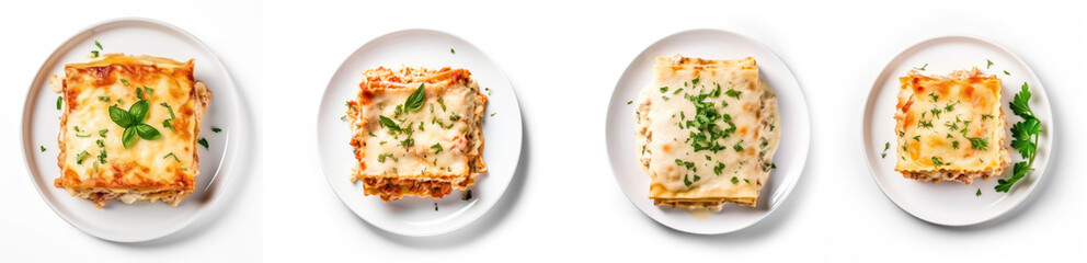 Wall Mural - Collection of Plate of Chicken Lasagna top view on isolate transparency background, PNG