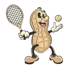 Wall Mural - vector vintage illustration of cute peanut character mascot playing tennis with tennis racket and ball