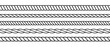 Repeating rope set. Seamless hemp cord line collection. Outline chain, braid, plait stripe bundle. Horizontal decorative plait pattern. Vector marine twine design elements for banner, poster, frame