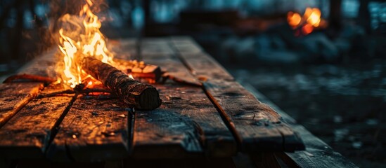 Sticker - Empty table with space for decor and moody campfire photo. Dark night setting with room for text.