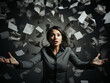 Confused businesswoman with paperwork storm in dark office. Work pressure concept. Generative AI