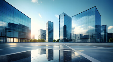 Modern glass skyscrapers, their facades reflecting the early morning sky as the sun rises in the cityscape