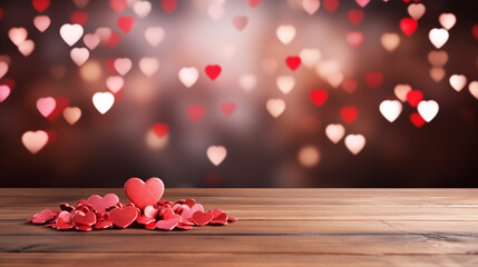 Wall Mural - Empty old wooden table background with valentines day theme in background