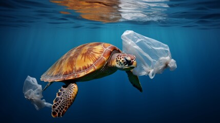 Wall Mural - Environmental issue of plastic pollution problem. Sea Turtles can eat plastic bags mistaking them for jellyfish Sea turtle trapped in a plastic bag, Stop ocean plastic pollution concept