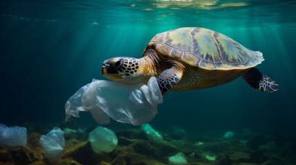 Wall Mural - Environmental issue of plastic pollution problem. Sea Turtles can eat plastic bags mistaking them for jellyfish Sea turtle trapped in a plastic bag, Stop ocean plastic pollution concept