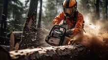 A Chainsaw Operator Is Preparing To Cut A Tree Trunk, Holding A Big Orange Chainsaw. Protective Equipment Is Used, Such As Helmet, Pants And A Vest. Copy Space For Text.