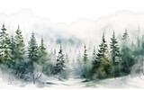 Fototapeta Na ścianę - Misty Pine Forest Watercolor Landscape, A serene watercolor painting depicting a misty pine forest with subtle hues and soft textures