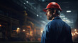  A stoic industry maintenance engineer donned in a uniform and safety hard hat, commands attention against the backdrop of a bustling factory station