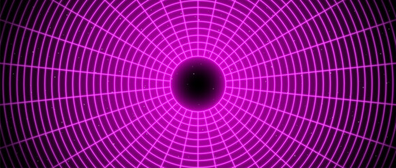 Wall Mural - Pink glowing wireframe tunnel. Neon wormhole in dark space with stars. Magenta grid tunnel in perspective. Funnel or portal illusion. Circular mesh structure tube. Vector optical illusion art