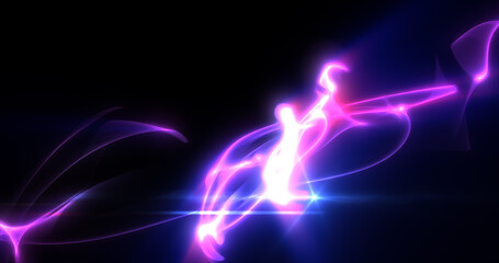 Wall Mural - Abstract waves of purple energy magic smoke and glowing lines on a black background