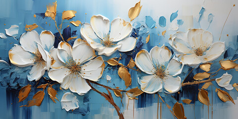 Wall Mural - Abstract oil painting Blue petals, flowers with golden lines, using a palette knife